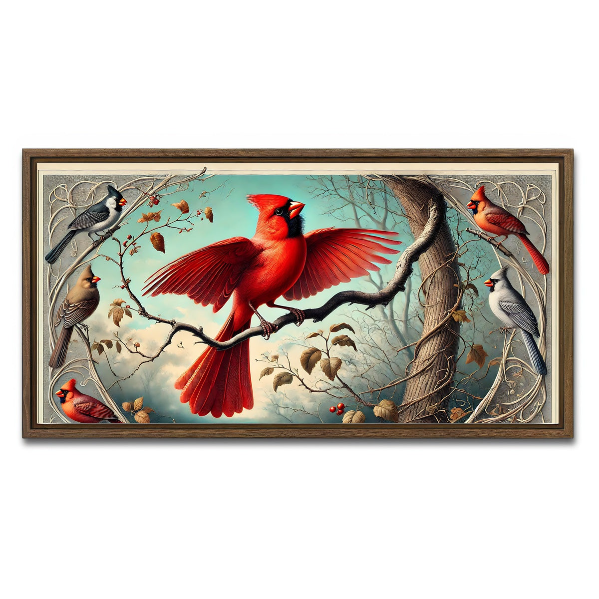 AUTO-MOCKUP WHITE | JJ Audubon's Style Northern Cardinal | 1 Piece | Walnut Framed Canvas | group=2x1