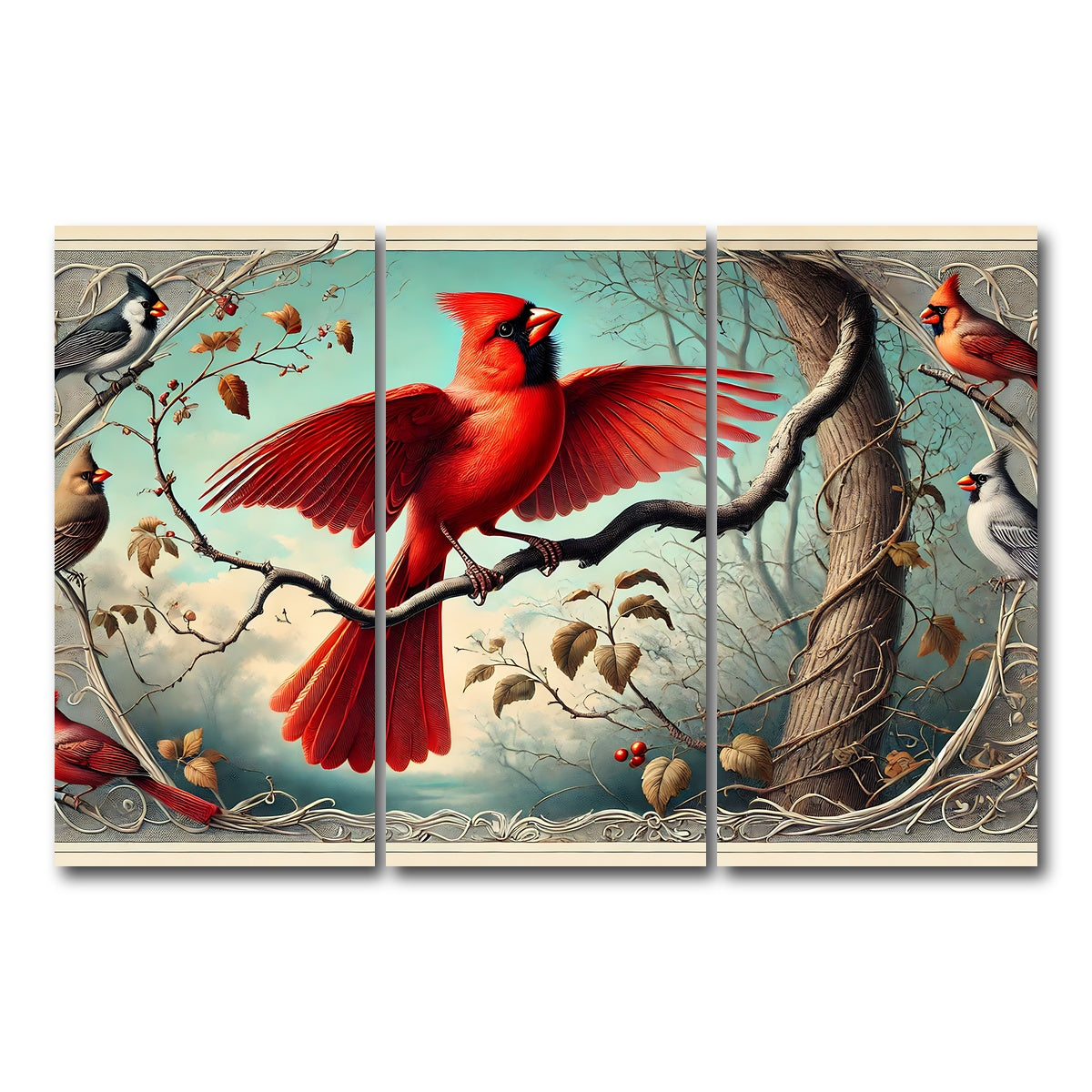 AUTO-MOCKUP WHITE | JJ Audubon's Style Northern Cardinal | 3 Piece | Gallery Wrap Canvas | group=12x24
