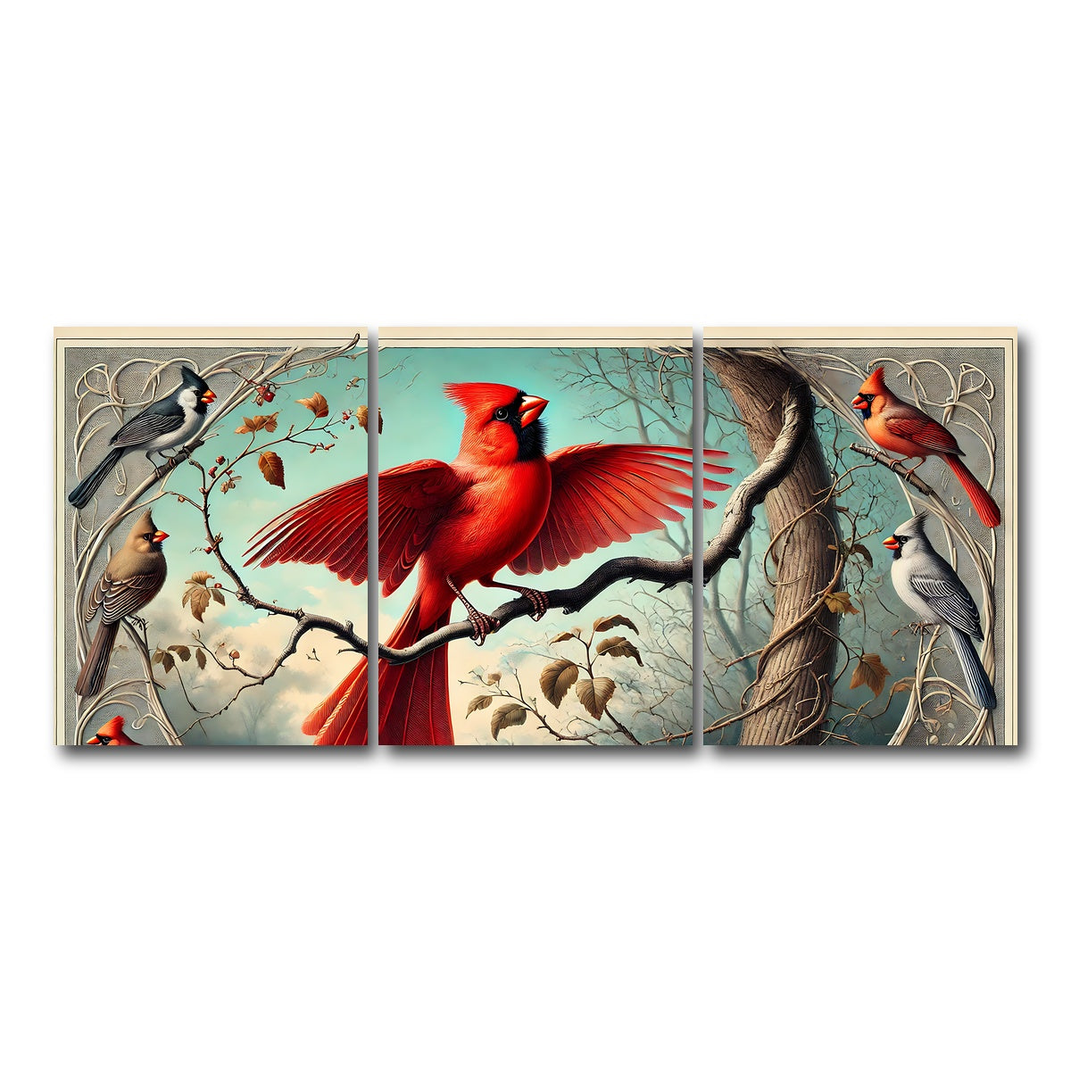 AUTO-MOCKUP WHITE | JJ Audubon's Style Northern Cardinal | 3 Piece | Gallery Wrap Canvas | group=18x24