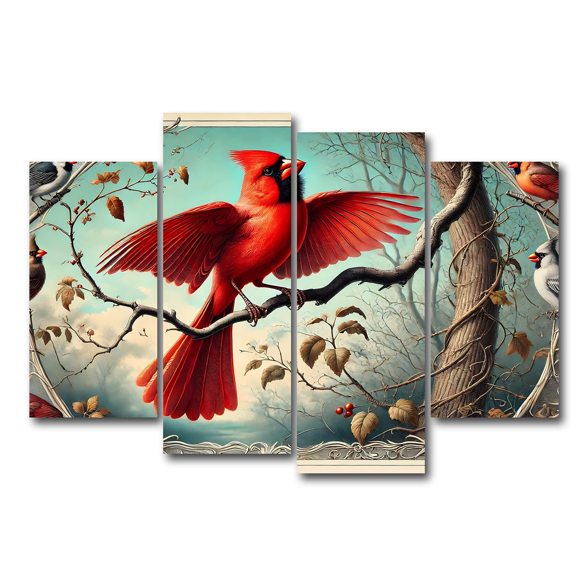 AUTO-MOCKUP WHITE | JJ Audubon's Style Northern Cardinal | 4 Piece | Gallery Wrap Canvas | group=4_short