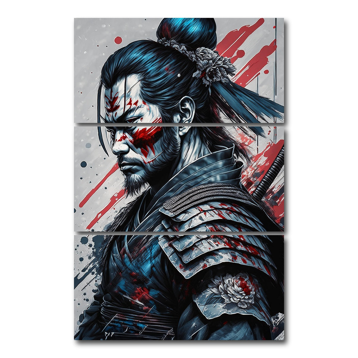AUTO-MOCKUP WHITE | Japanese Samurai Warrior Portrait | 3 Piece | Gallery Wrap Canvas | group=12x24_stacked