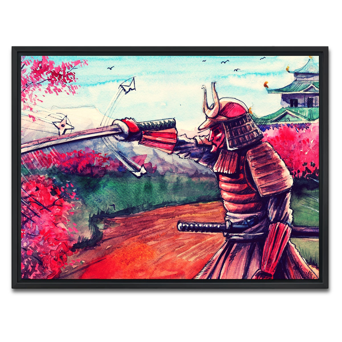 AUTO-MOCKUP WHITE | Japanese Samurai Watercolor | 1 Piece | Black Framed Canvas | group=4x3
