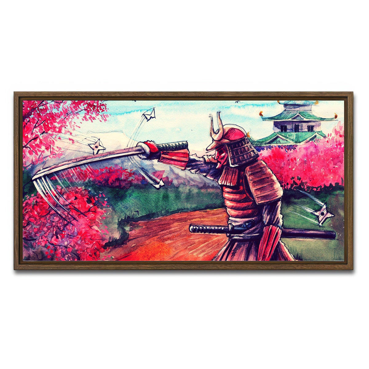 AUTO-MOCKUP WHITE | Japanese Samurai Watercolor | 1 Piece | Walnut Framed Canvas | group=2x1