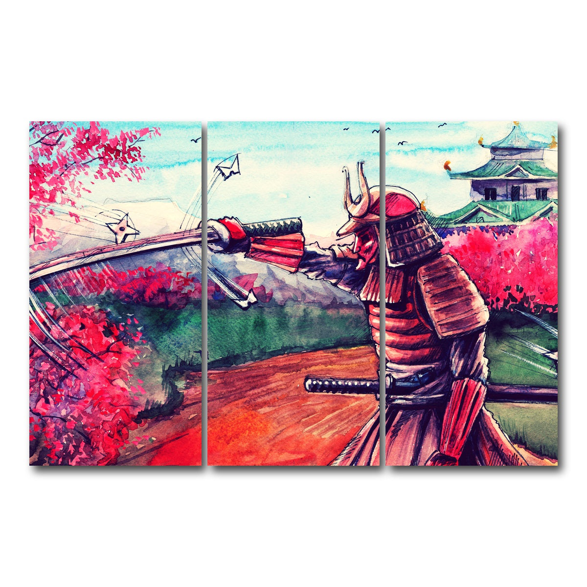 AUTO-MOCKUP WHITE | Japanese Samurai Watercolor | 3 Piece | Gallery Wrap Canvas | group=12x24