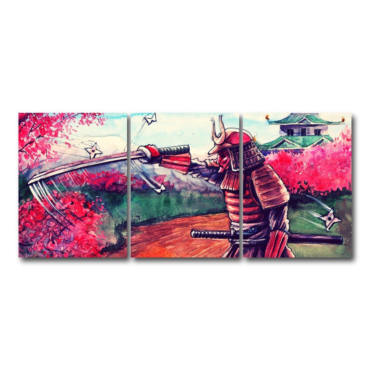 AUTO-MOCKUP WHITE | Japanese Samurai Watercolor | 3 Piece | Gallery Wrap Canvas | group=18x24
