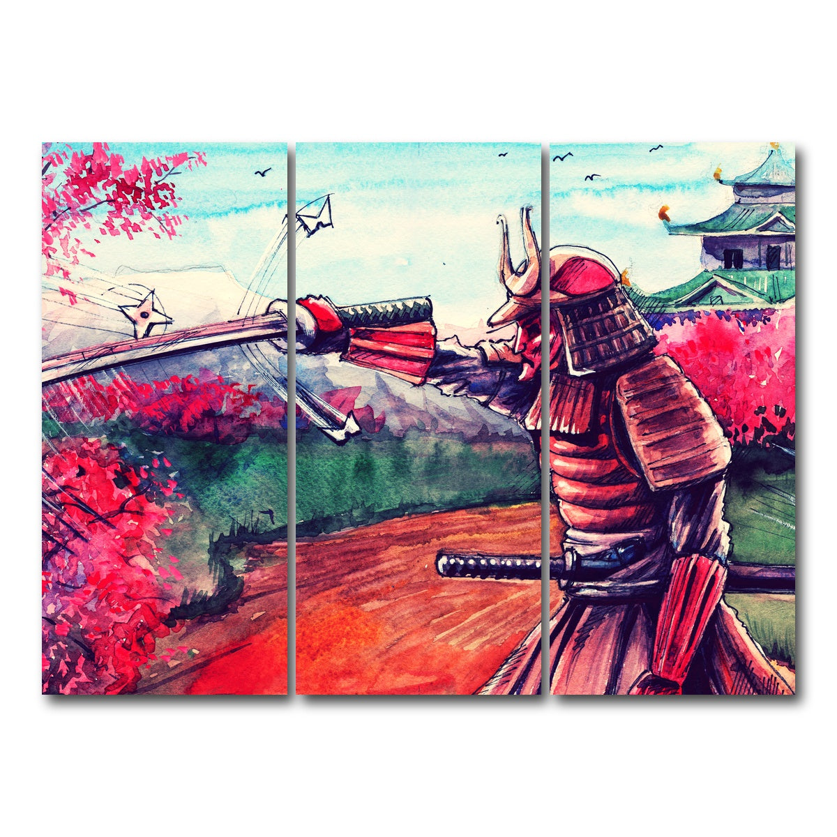 AUTO-MOCKUP WHITE | Japanese Samurai Watercolor | 3 Piece | Gallery Wrap Canvas | group=8x18