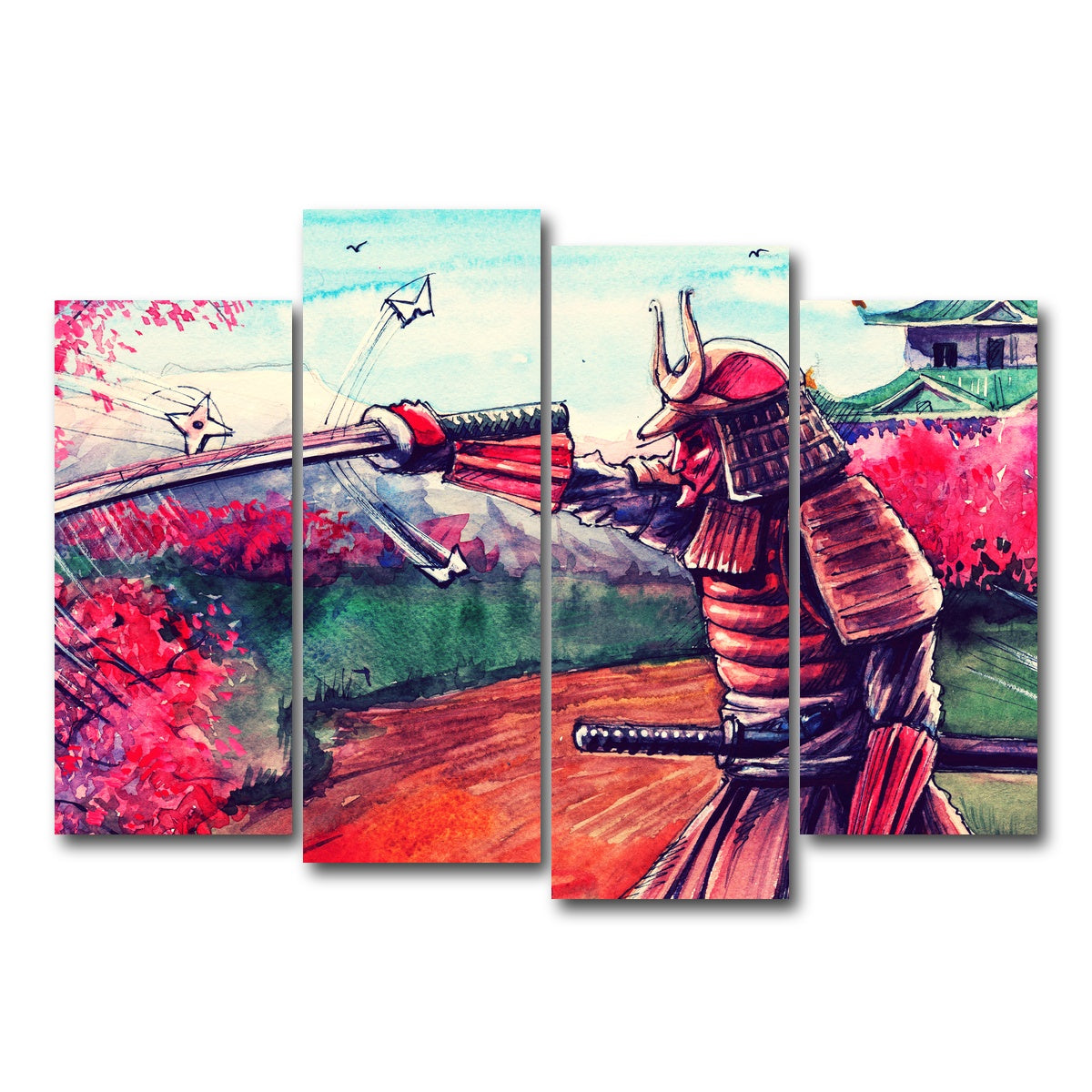 AUTO-MOCKUP WHITE | Japanese Samurai Watercolor | 4 Piece | Gallery Wrap Canvas | group=4_normal