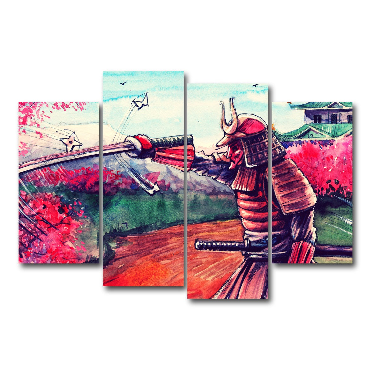 AUTO-MOCKUP WHITE | Japanese Samurai Watercolor | 4 Piece | Gallery Wrap Canvas | group=4_short