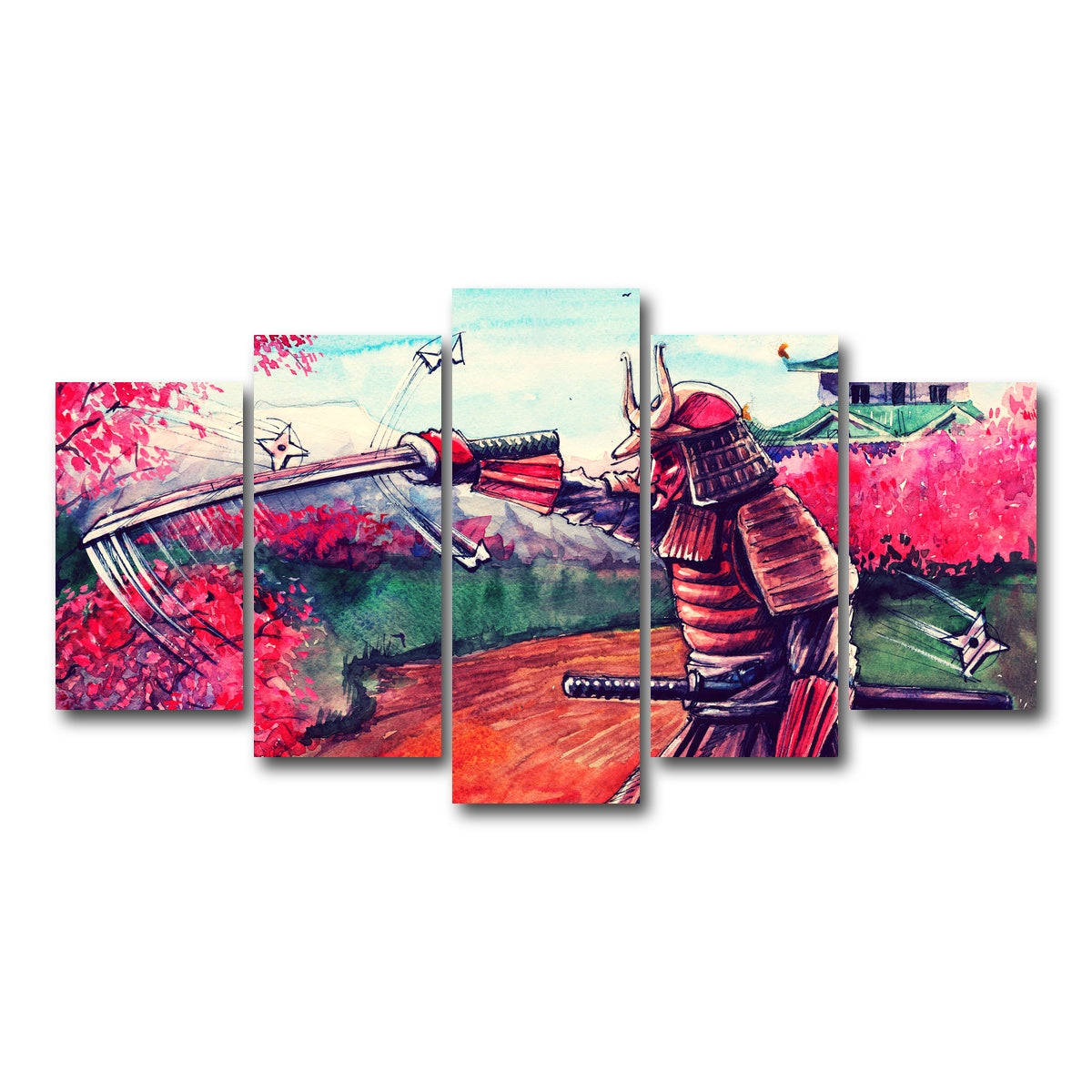 AUTO-MOCKUP WHITE | Japanese Samurai Watercolor | 5 Piece | Gallery Wrap Canvas | group=5_normal