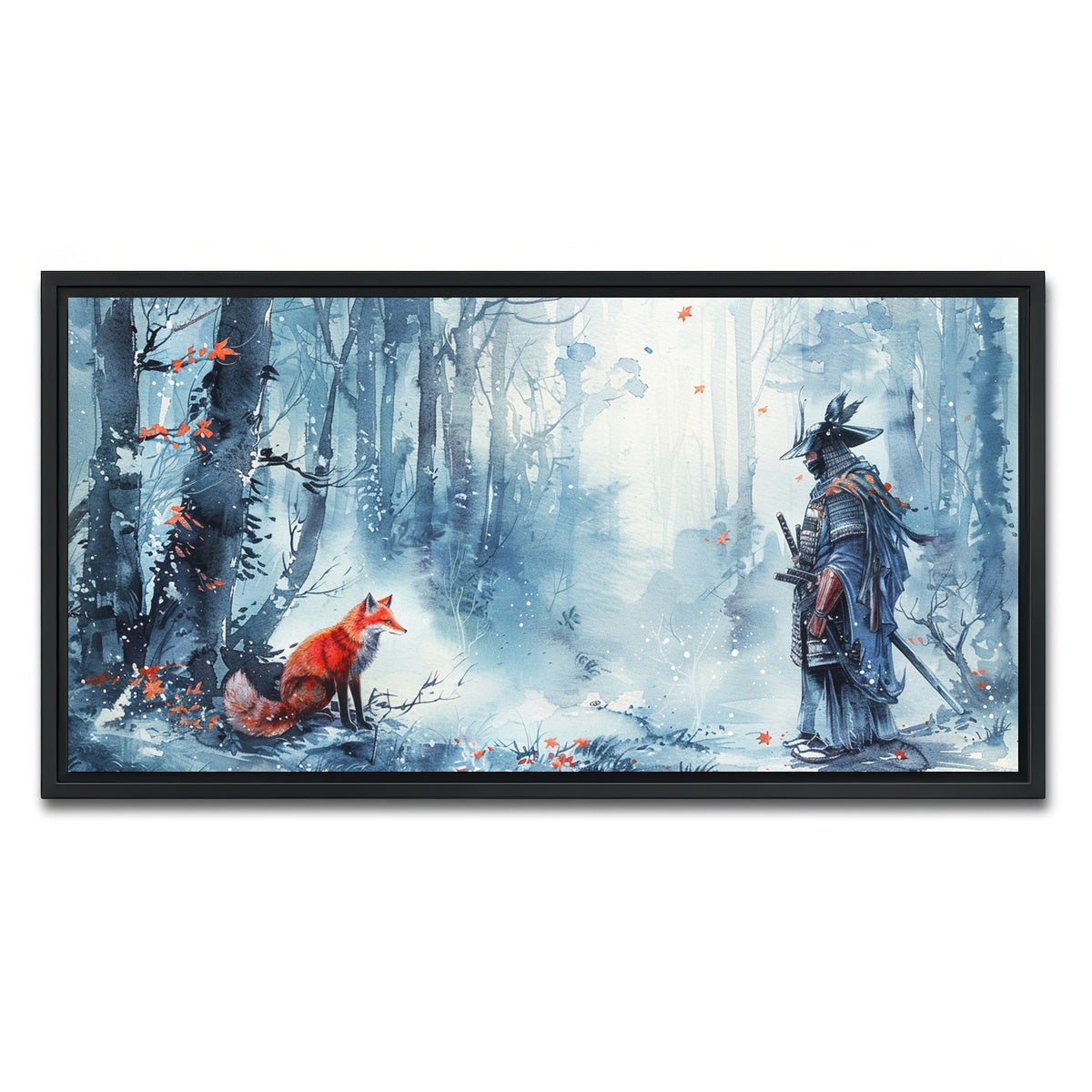 AUTO-MOCKUP WHITE | Japanese Samurai and red fox | 1 Piece | Black Framed Canvas | group=2x1