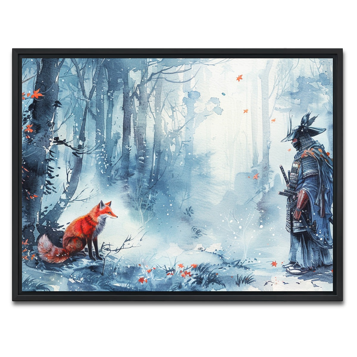 AUTO-MOCKUP WHITE | Japanese Samurai and red fox | 1 Piece | Black Framed Canvas | group=4x3