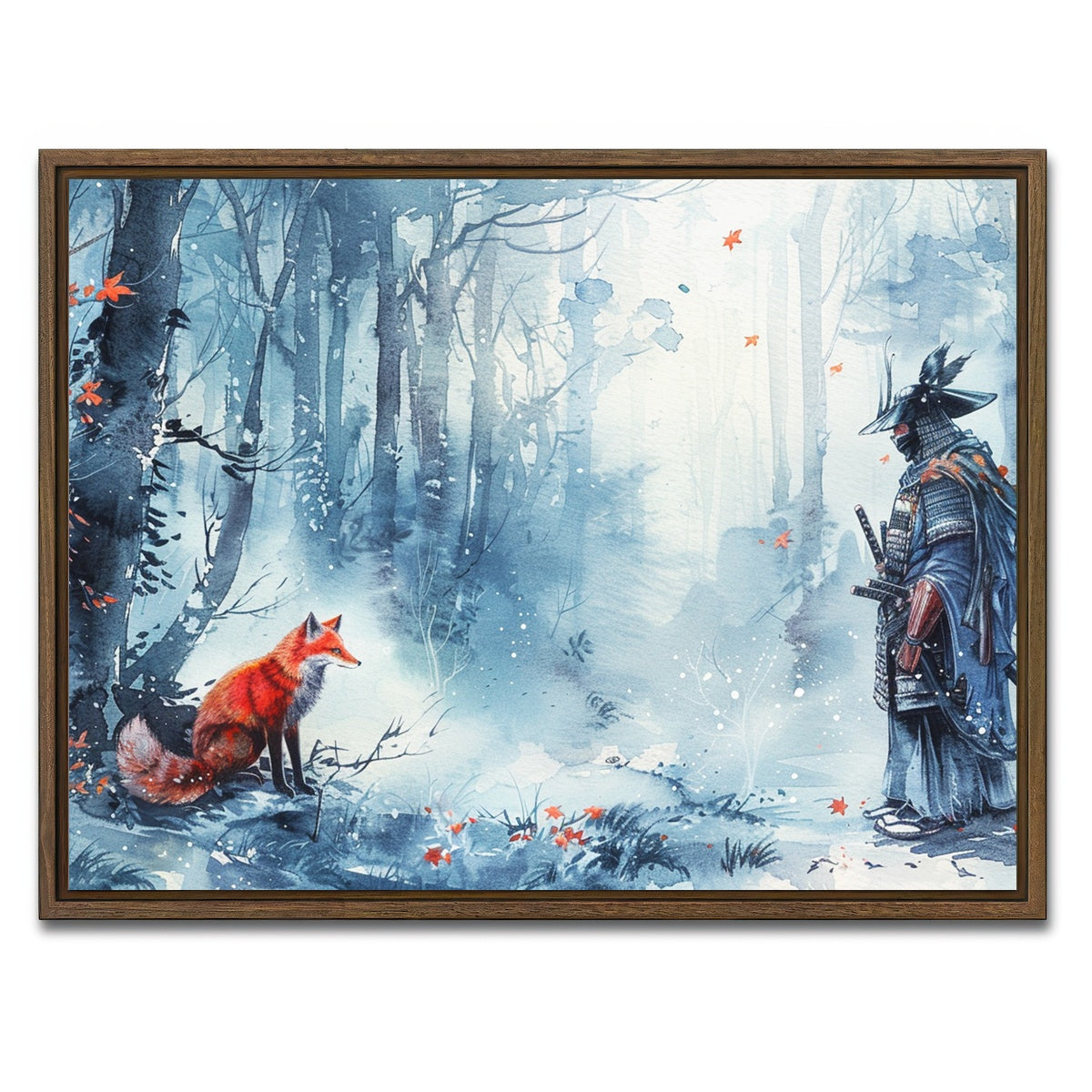 AUTO-MOCKUP WHITE | Japanese Samurai and red fox | 1 Piece | Walnut Framed Canvas | group=4x3