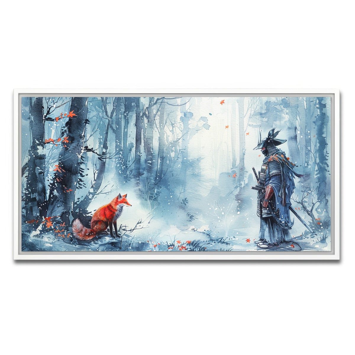 AUTO-MOCKUP WHITE | Japanese Samurai and red fox | 1 Piece | White Framed Canvas | group=2x1