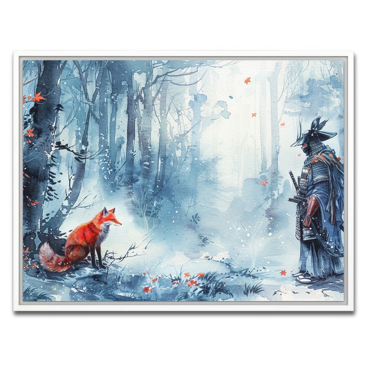 AUTO-MOCKUP WHITE | Japanese Samurai and red fox | 1 Piece | White Framed Canvas | group=4x3