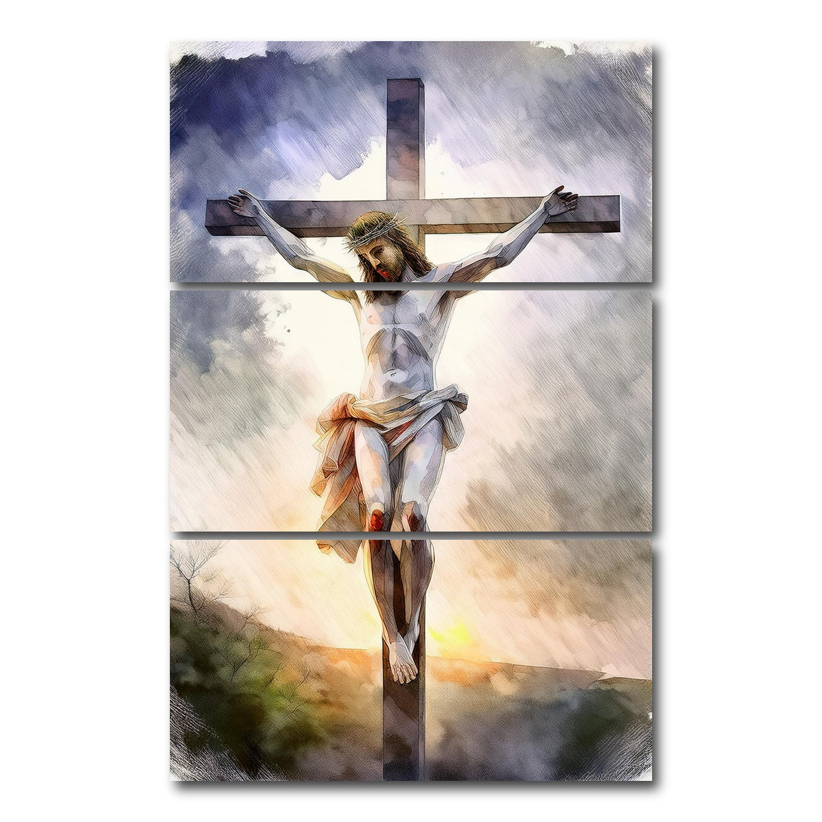 AUTO-MOCKUP WHITE | Jesus on Cross | 3 Piece | Gallery Wrap Canvas | group=12x24_stacked