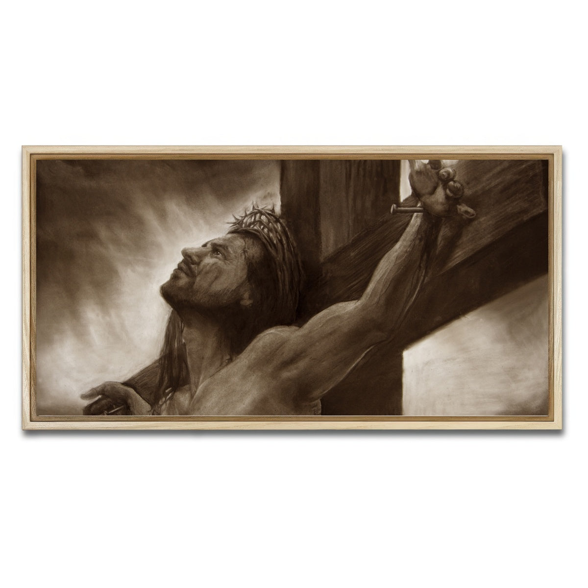 AUTO-MOCKUP WHITE | Jesus on the cross | 1 Piece | Natural Framed Canvas | group=2x1