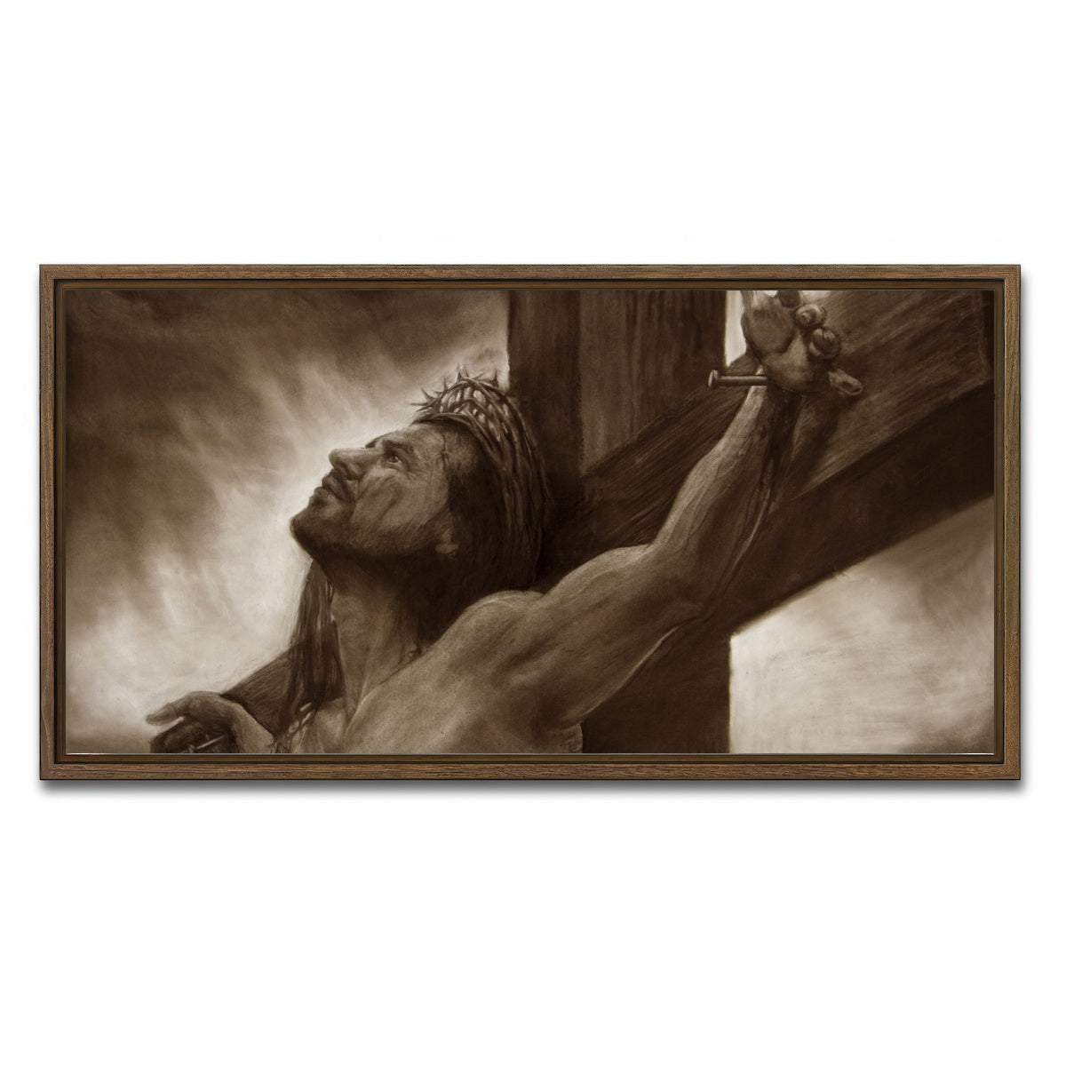 AUTO-MOCKUP WHITE | Jesus on the cross | 1 Piece | Walnut Framed Canvas | group=2x1