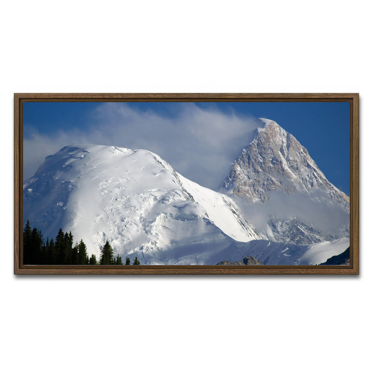AUTO-MOCKUP WHITE | Khan Tengri and Bayankol peaks | 1 Piece | Walnut Framed Canvas | group=2x1