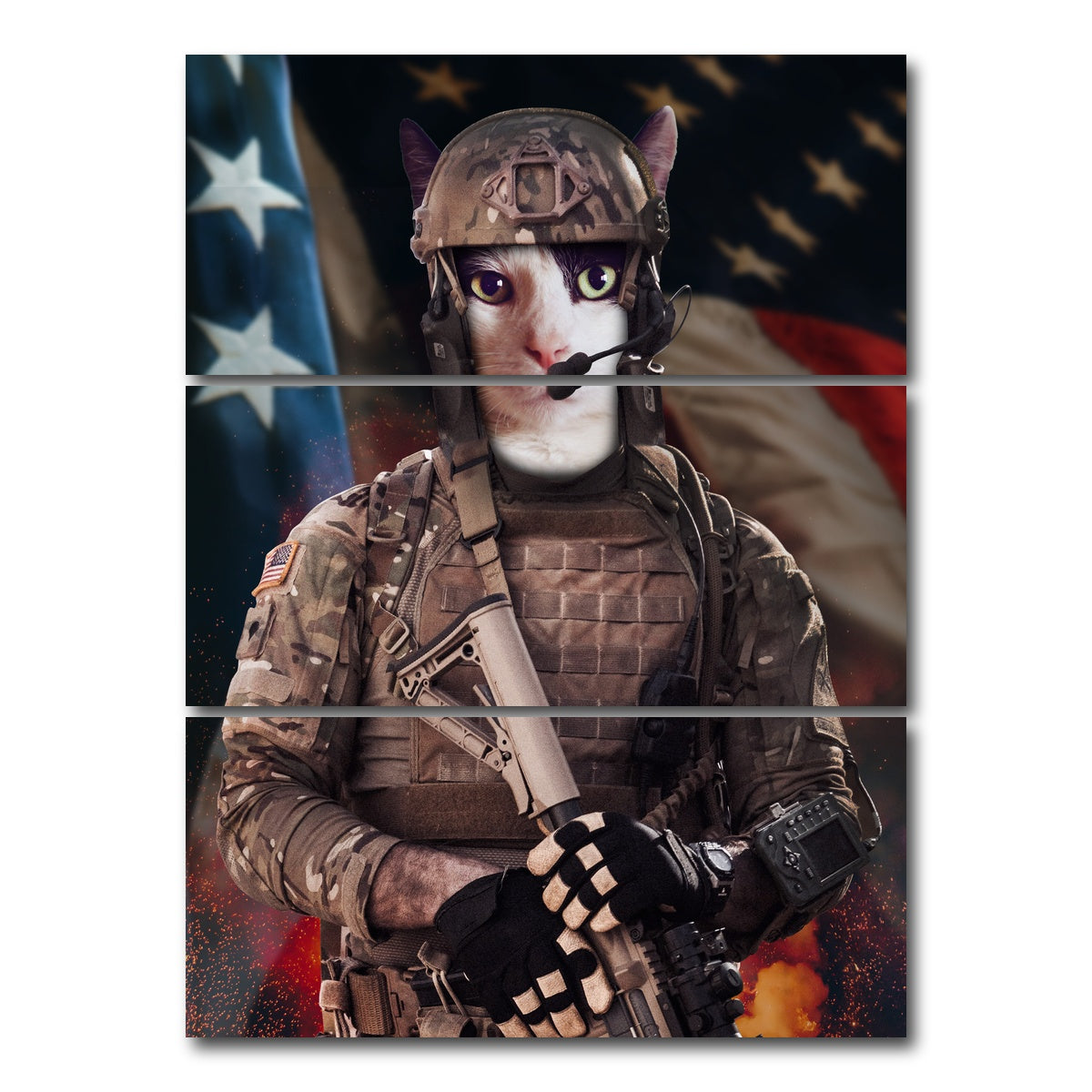 AUTO-MOCKUP WHITE | Kitten Soldier | 3 Piece | Gallery Wrap Canvas | group=8x18_stacked