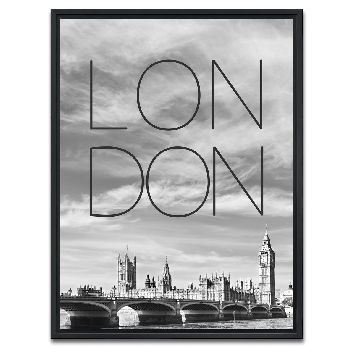 AUTO-MOCKUP WHITE | LONDON Westminster Bridge Text & Skyline | 1 Piece | Black Framed Canvas | group=3x4