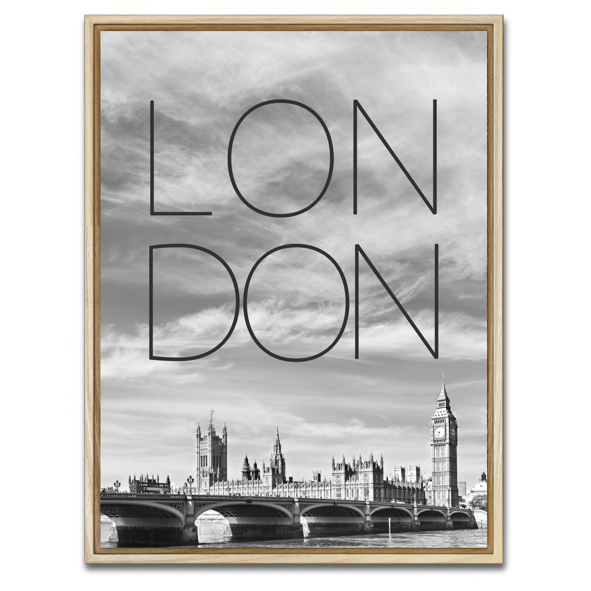 AUTO-MOCKUP WHITE | LONDON Westminster Bridge Text & Skyline | 1 Piece | Natural Framed Canvas | group=3x4