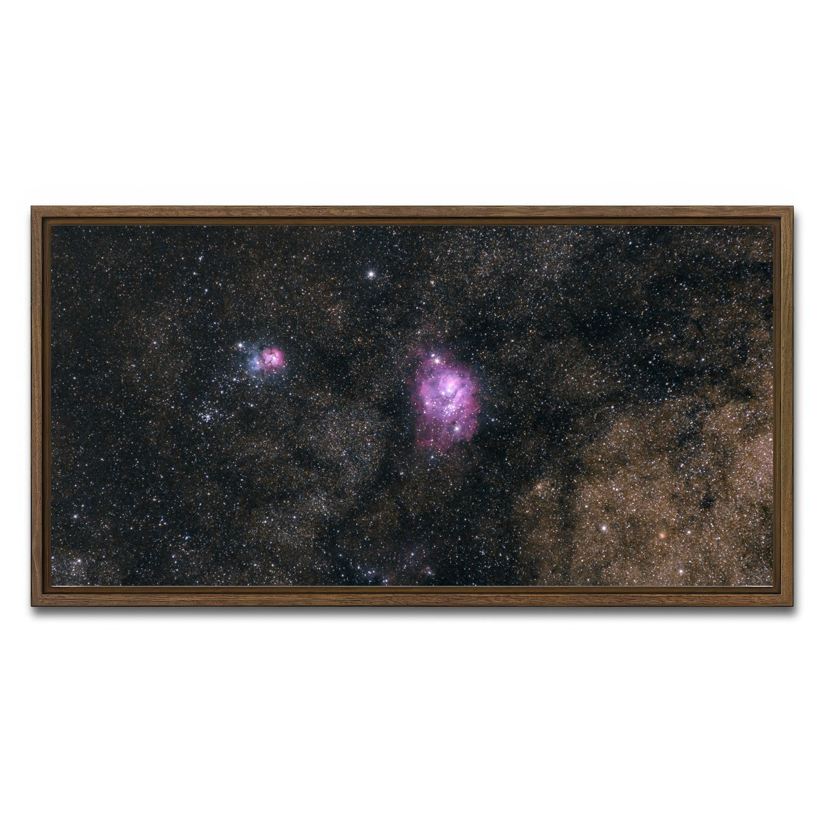 AUTO-MOCKUP WHITE | Lagoon and Trifid nebula | 1 Piece | Walnut Framed Canvas | group=2x1