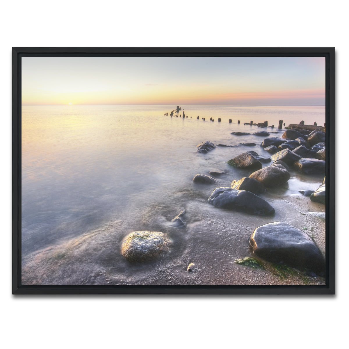 AUTO-MOCKUP WHITE | Lake Michigan Shore at Sunrise | 1 Piece | Black Framed Canvas | group=4x3