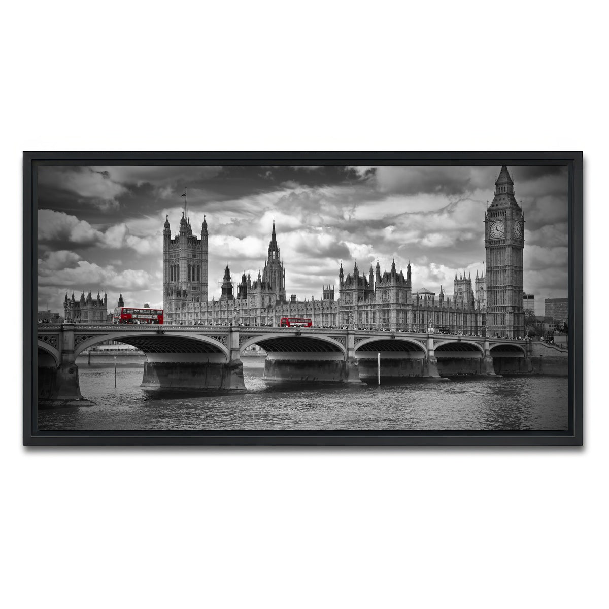 AUTO-MOCKUP WHITE | London Houses of Parliament & Red Buses | 1 Piece | Black Framed Canvas | group=2x1