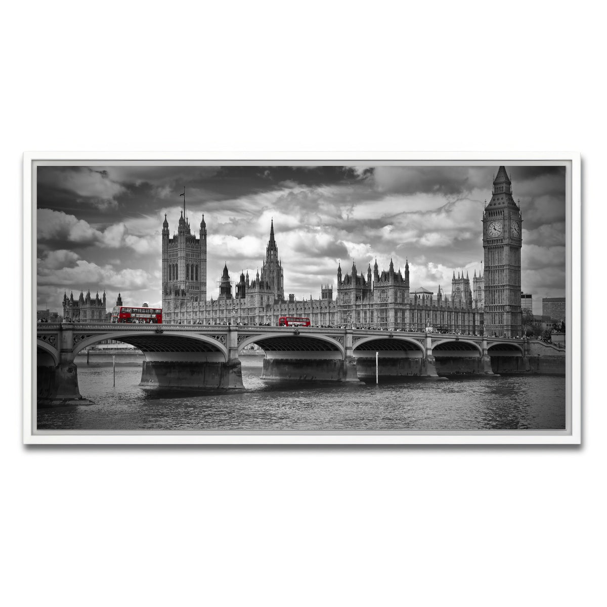 AUTO-MOCKUP WHITE | London Houses of Parliament & Red Buses | 1 Piece | White Framed Canvas | group=2x1