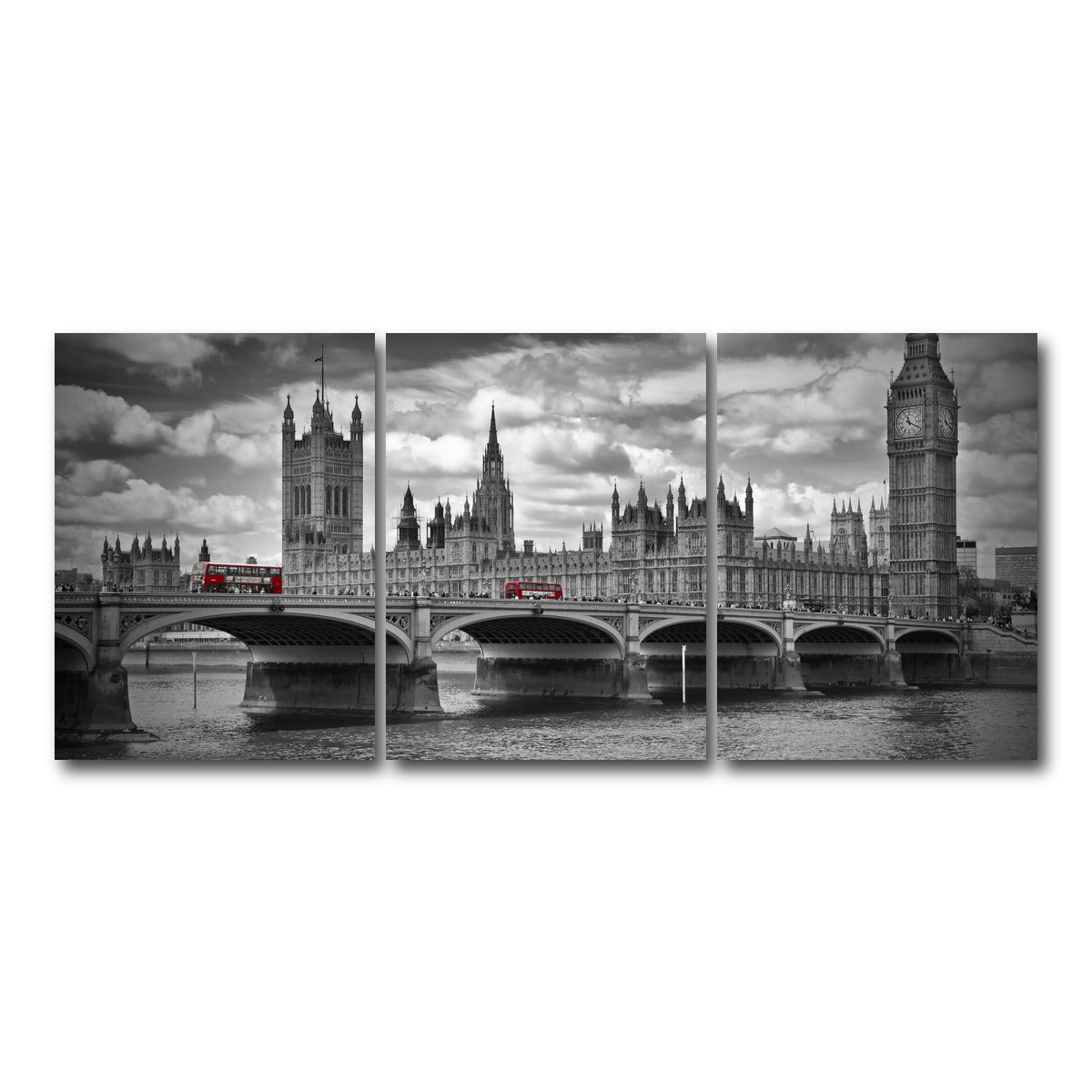AUTO-MOCKUP WHITE | London Houses of Parliament & Red Buses | 3 Piece | Gallery Wrap Canvas | group=18x24
