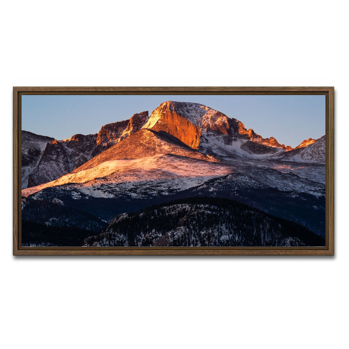 AUTO-MOCKUP WHITE | Longs Peak at sunrise | 1 Piece | Walnut Framed Canvas | group=2x1