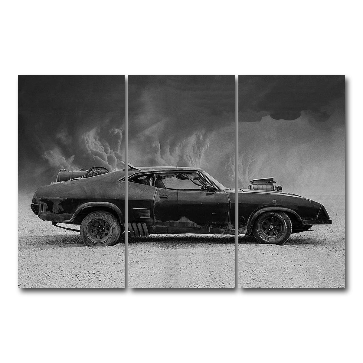 AUTO-MOCKUP WHITE | Mad Max Interceptor Grayscale | 3 Piece | Gallery Wrap Canvas | group=12x24