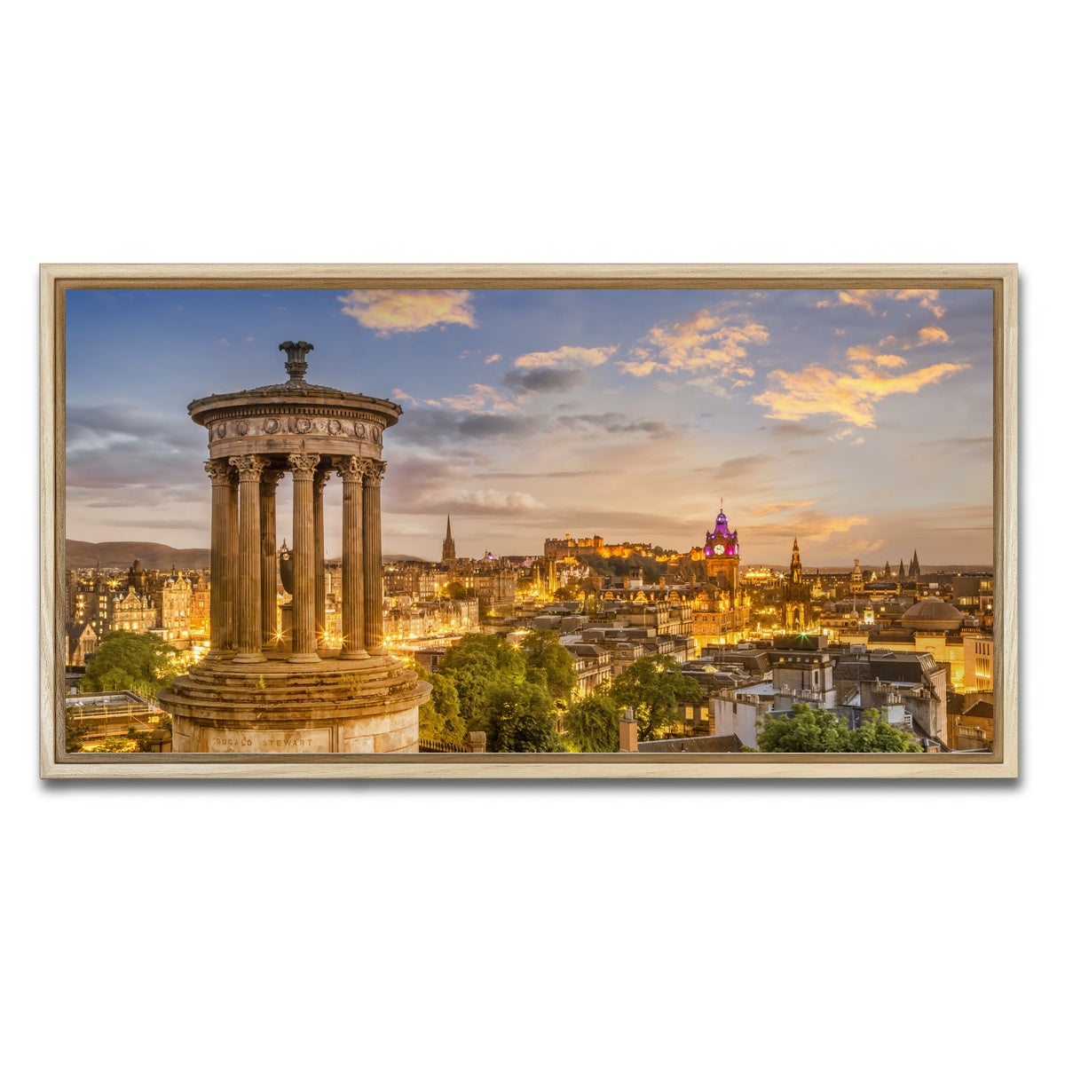 AUTO-MOCKUP WHITE | Magical sunset over Edinburgh | 1 Piece | Natural Framed Canvas | group=2x1