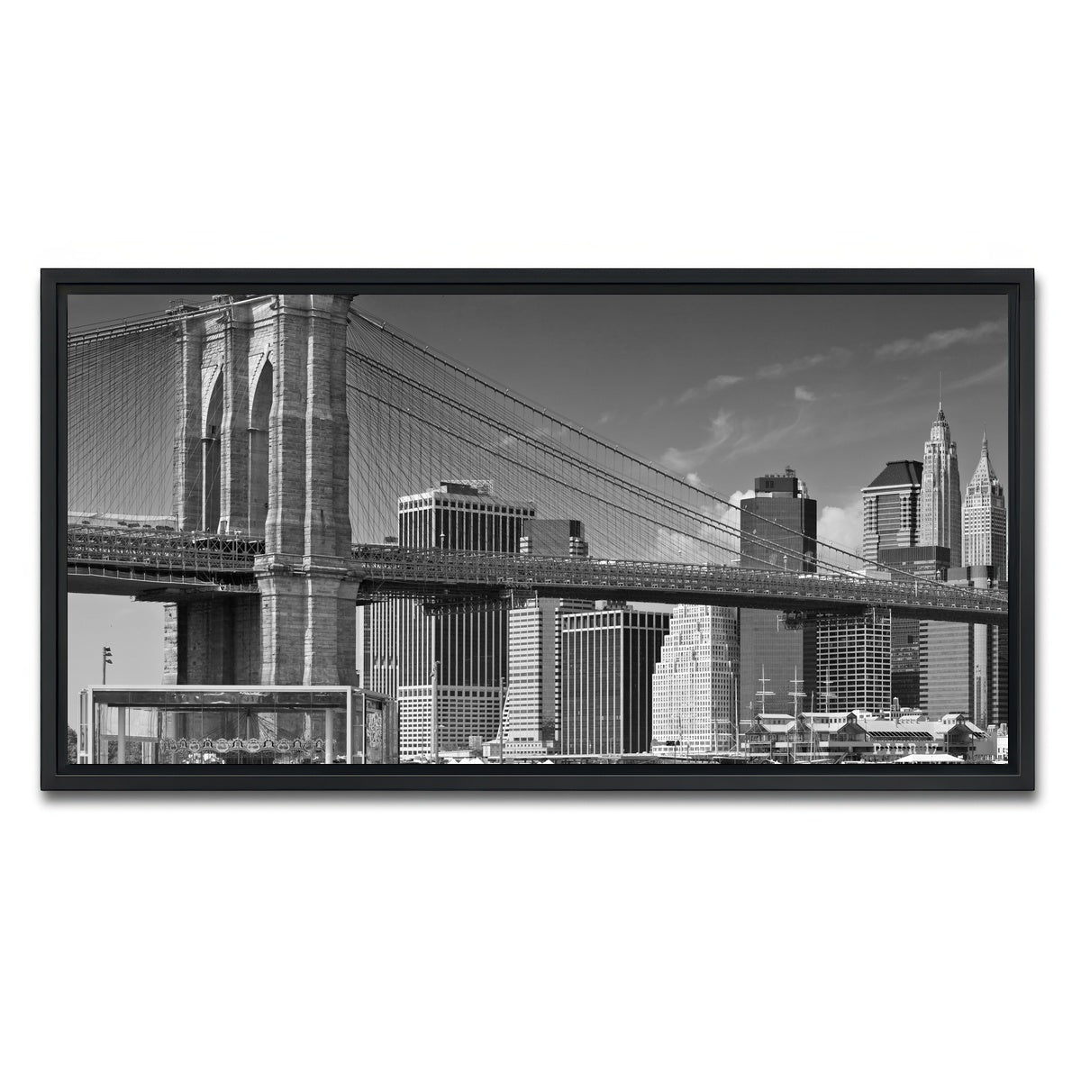 AUTO-MOCKUP WHITE | Manhattan Skyline & Brooklyn Bridge Monochrome | 1 Piece | Black Framed Canvas | group=2x1