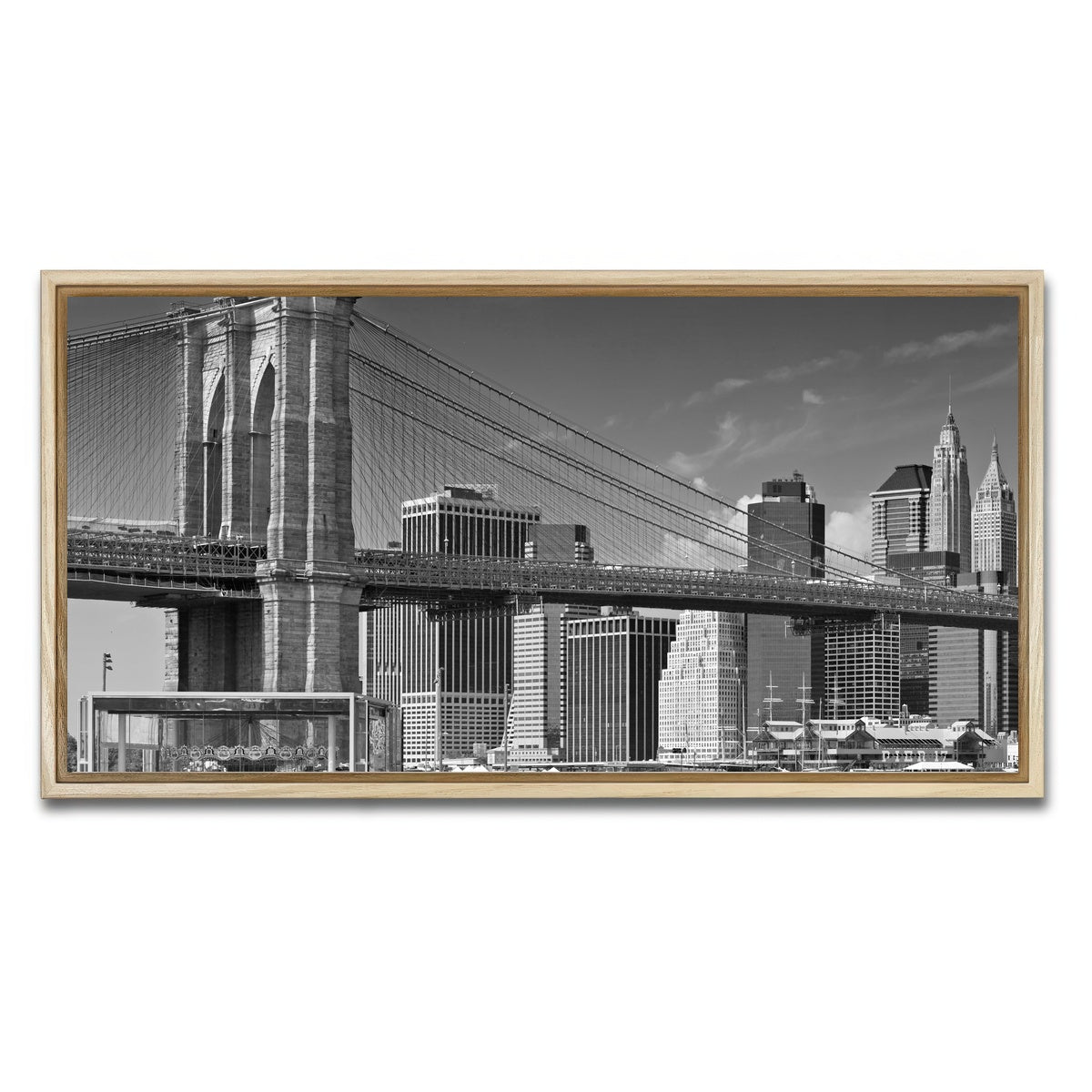 AUTO-MOCKUP WHITE | Manhattan Skyline & Brooklyn Bridge Monochrome | 1 Piece | Natural Framed Canvas | group=2x1