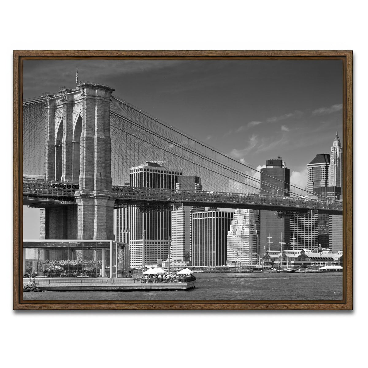AUTO-MOCKUP WHITE | Manhattan Skyline & Brooklyn Bridge Monochrome | 1 Piece | Walnut Framed Canvas | group=4x3