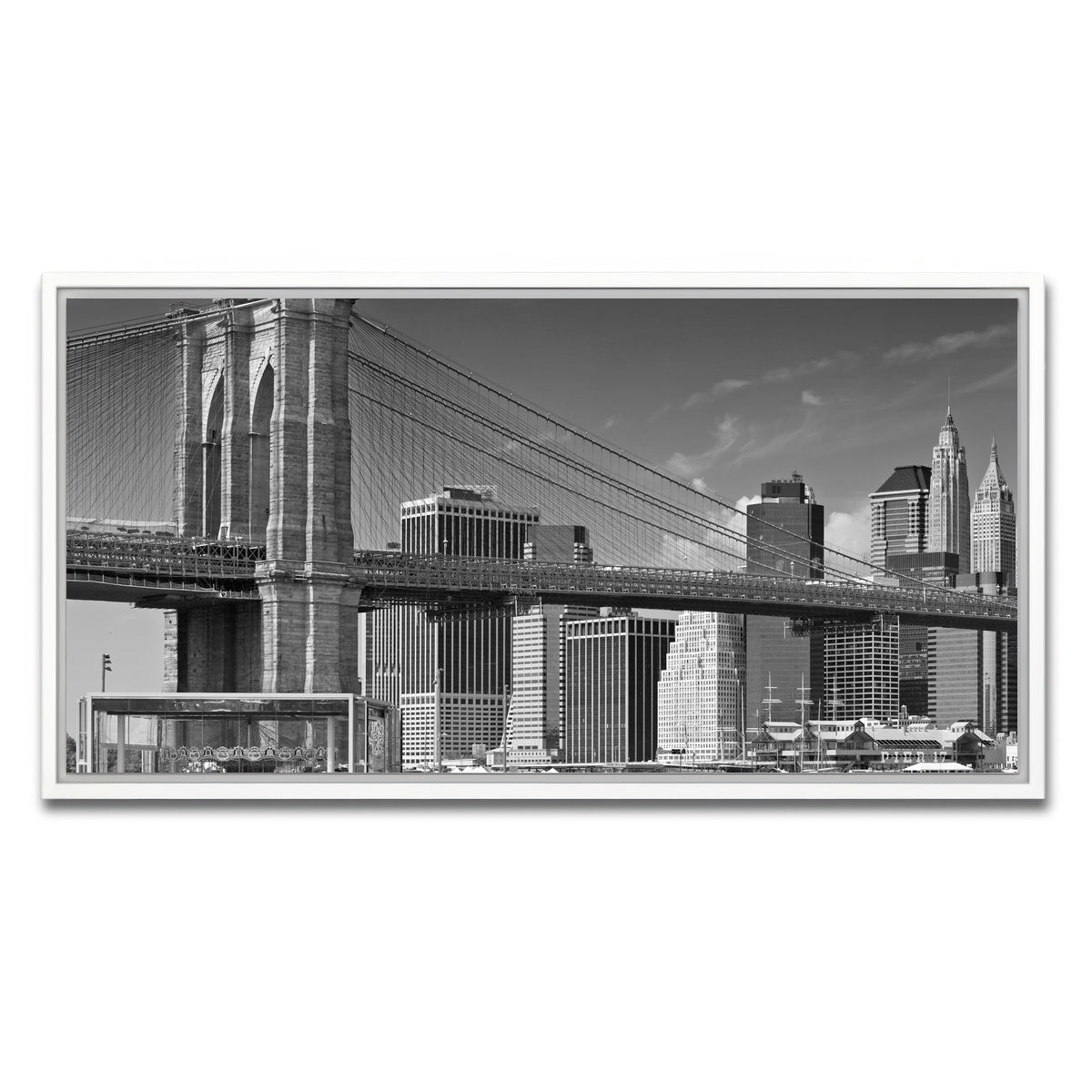 AUTO-MOCKUP WHITE | Manhattan Skyline & Brooklyn Bridge Monochrome | 1 Piece | White Framed Canvas | group=2x1