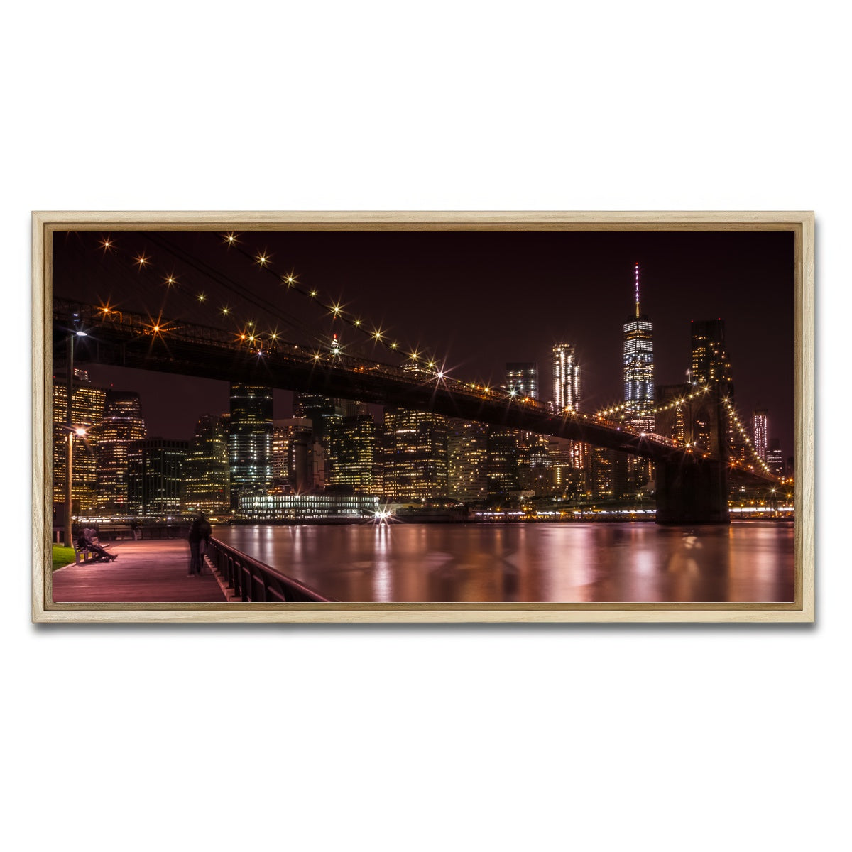 AUTO-MOCKUP WHITE | Manhattan Skyline & Brooklyn Bridge Sunset | 1 Piece | Natural Framed Canvas | group=2x1