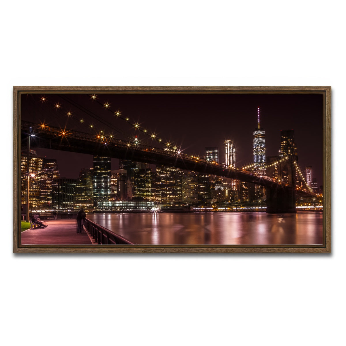 AUTO-MOCKUP WHITE | Manhattan Skyline & Brooklyn Bridge Sunset | 1 Piece | Walnut Framed Canvas | group=2x1
