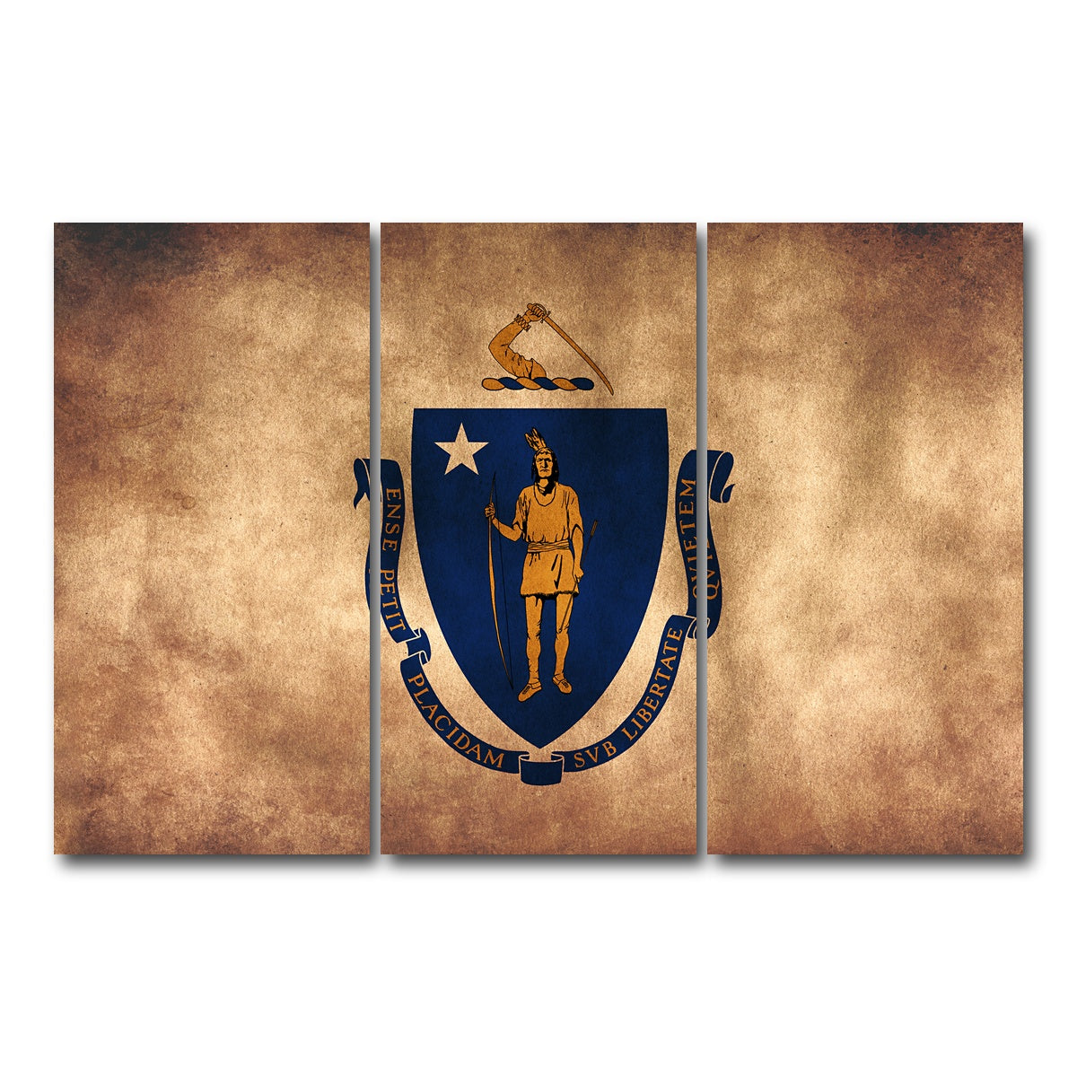 AUTO-MOCKUP WHITE | Massachusetts State Flag Grunge | 3 Piece | Gallery Wrap Canvas | group=12x24