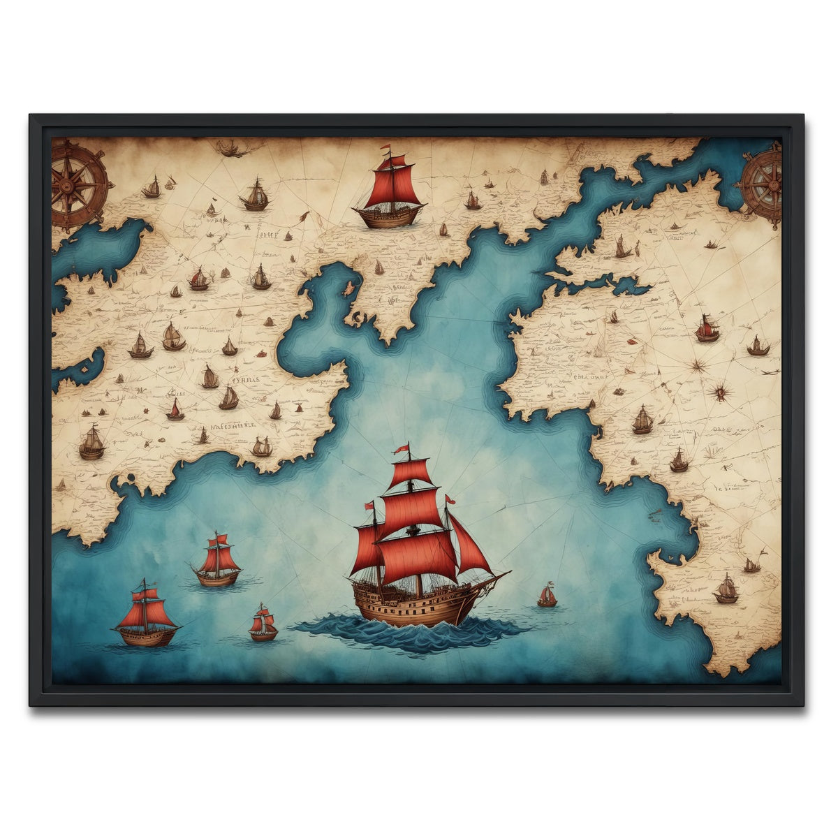 AUTO-MOCKUP WHITE | Medieval nautical map | 1 Piece | Black Framed Canvas | group=4x3