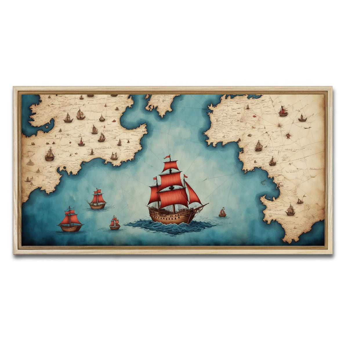 AUTO-MOCKUP WHITE | Medieval nautical map | 1 Piece | Natural Framed Canvas | group=2x1