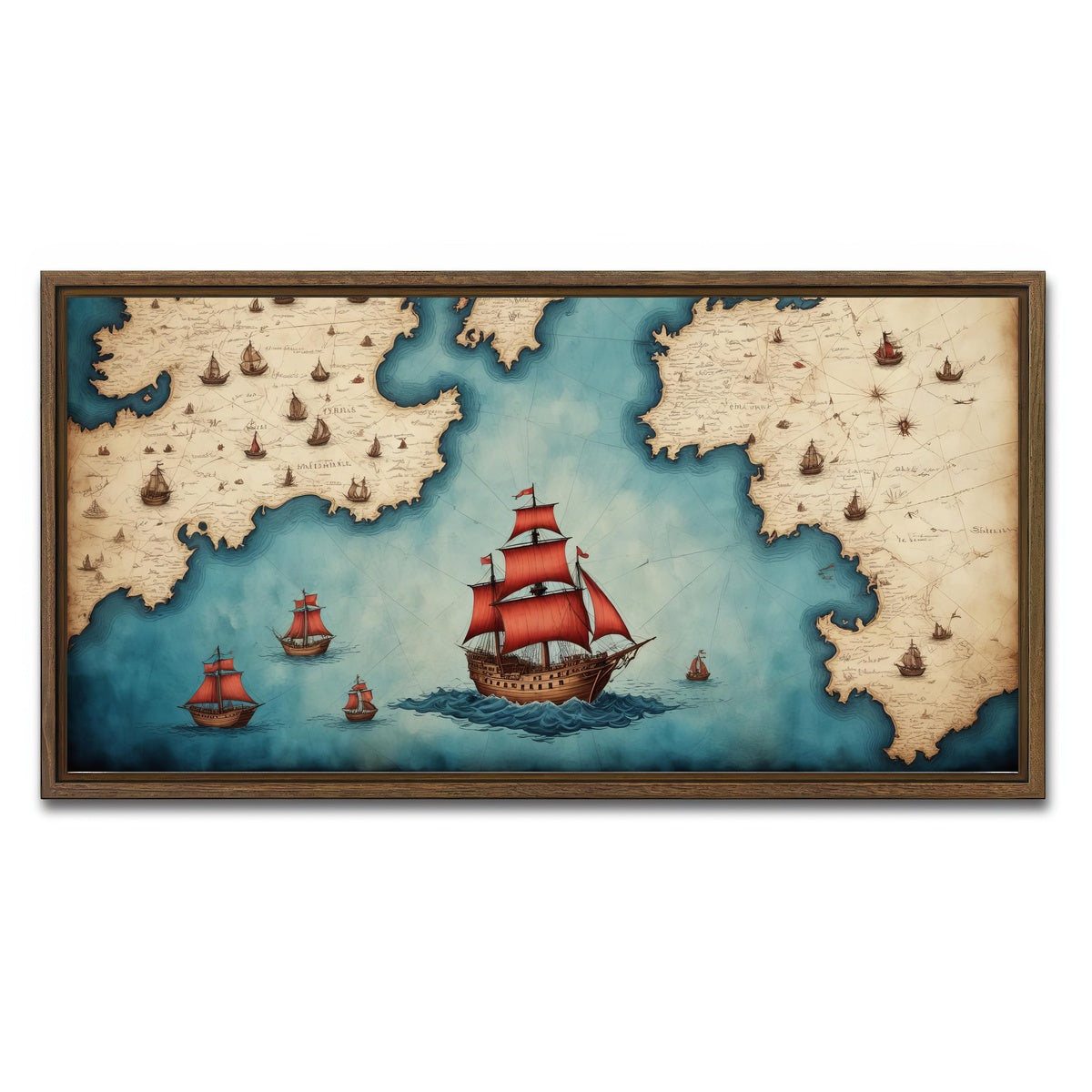 AUTO-MOCKUP WHITE | Medieval nautical map | 1 Piece | Walnut Framed Canvas | group=2x1