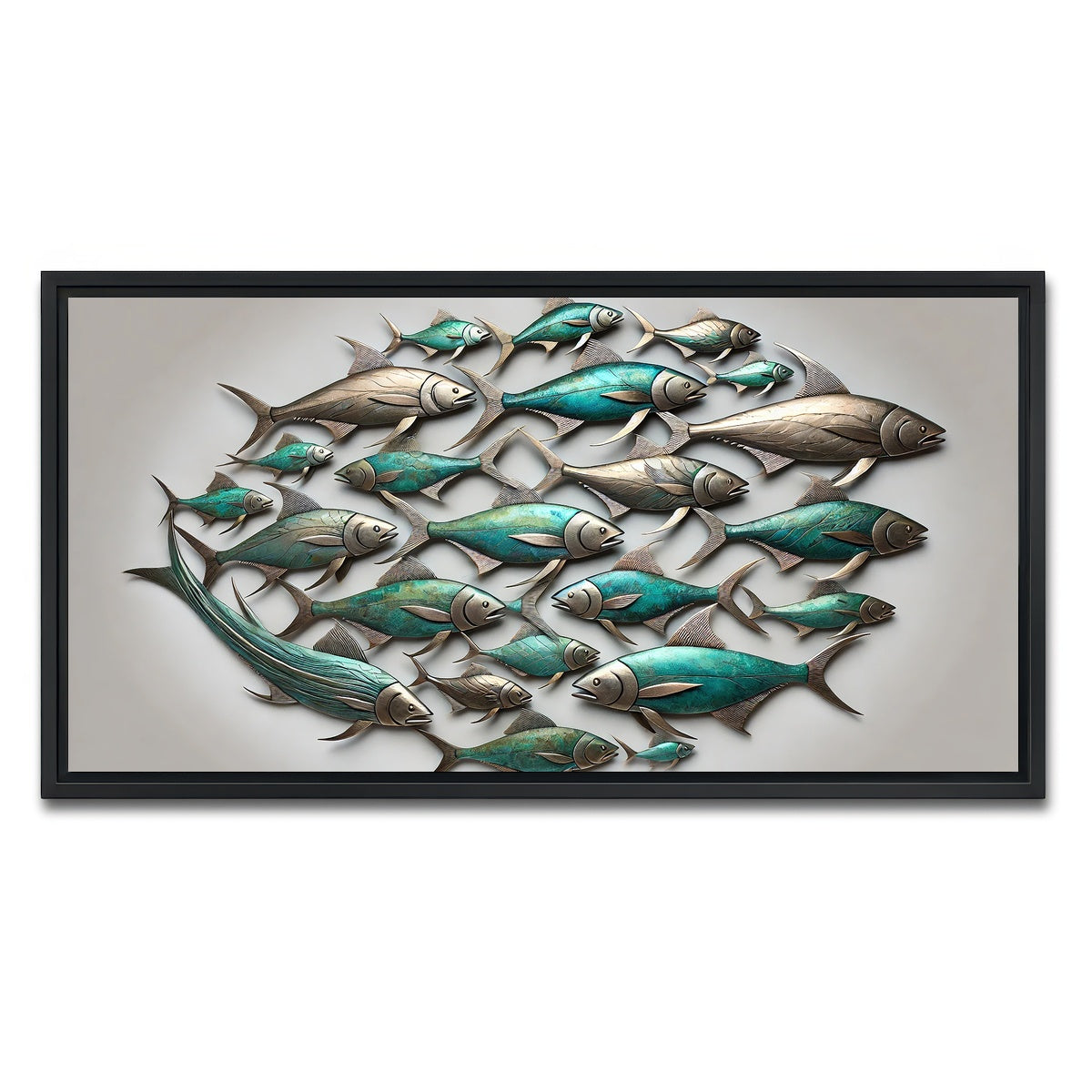 AUTO-MOCKUP WHITE | Metal artwork of group of fish | 1 Piece | Black Framed Canvas | group=2x1