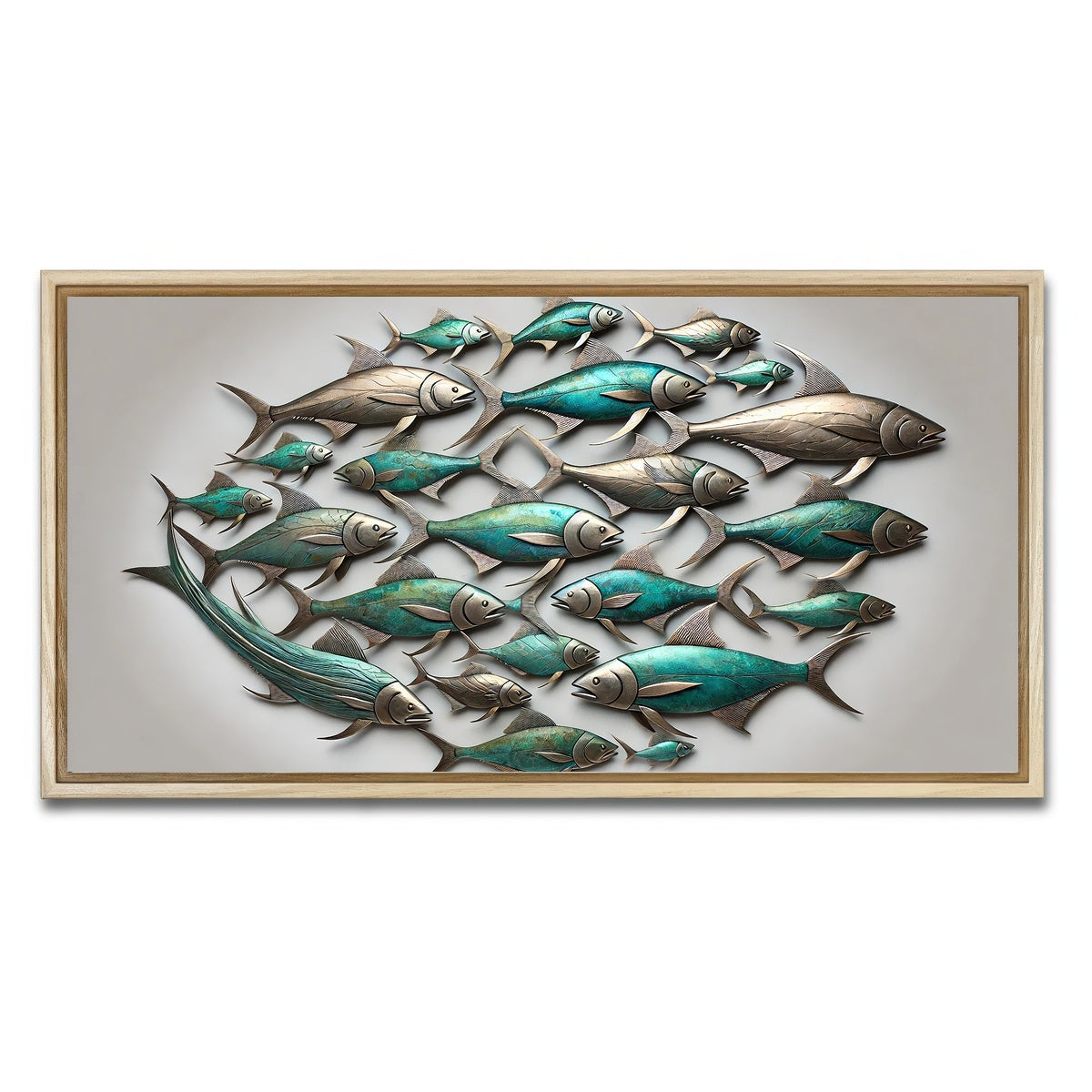 AUTO-MOCKUP WHITE | Metal artwork of group of fish | 1 Piece | Natural Framed Canvas | group=2x1