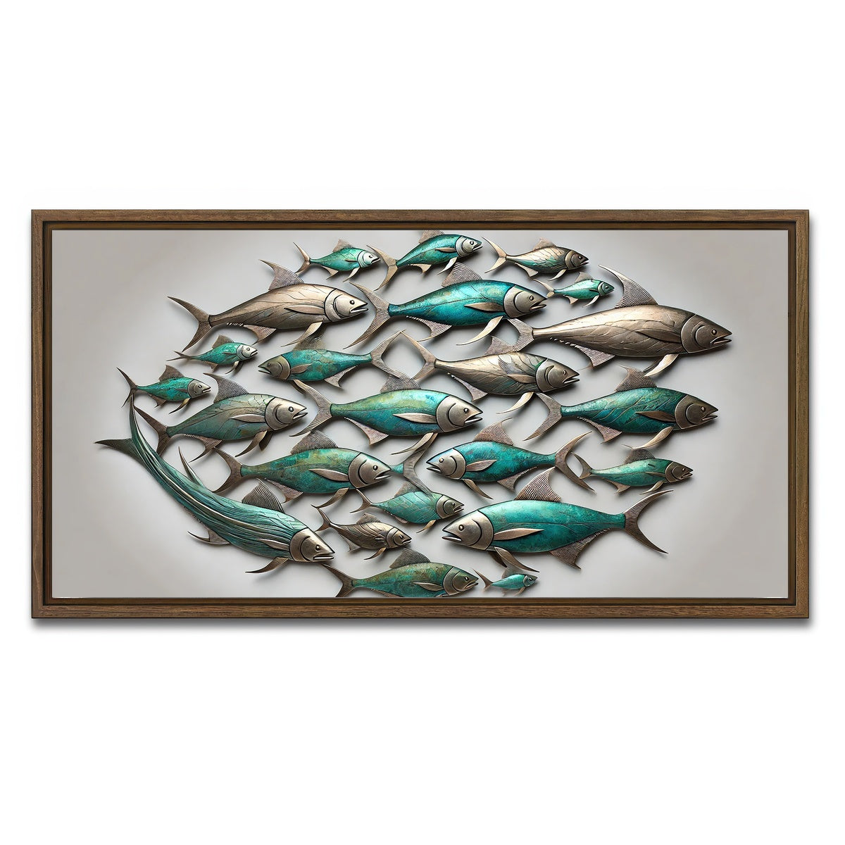 AUTO-MOCKUP WHITE | Metal artwork of group of fish | 1 Piece | Walnut Framed Canvas | group=2x1