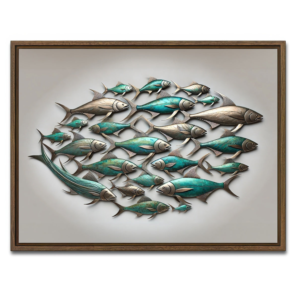 AUTO-MOCKUP WHITE | Metal artwork of group of fish | 1 Piece | Walnut Framed Canvas | group=4x3
