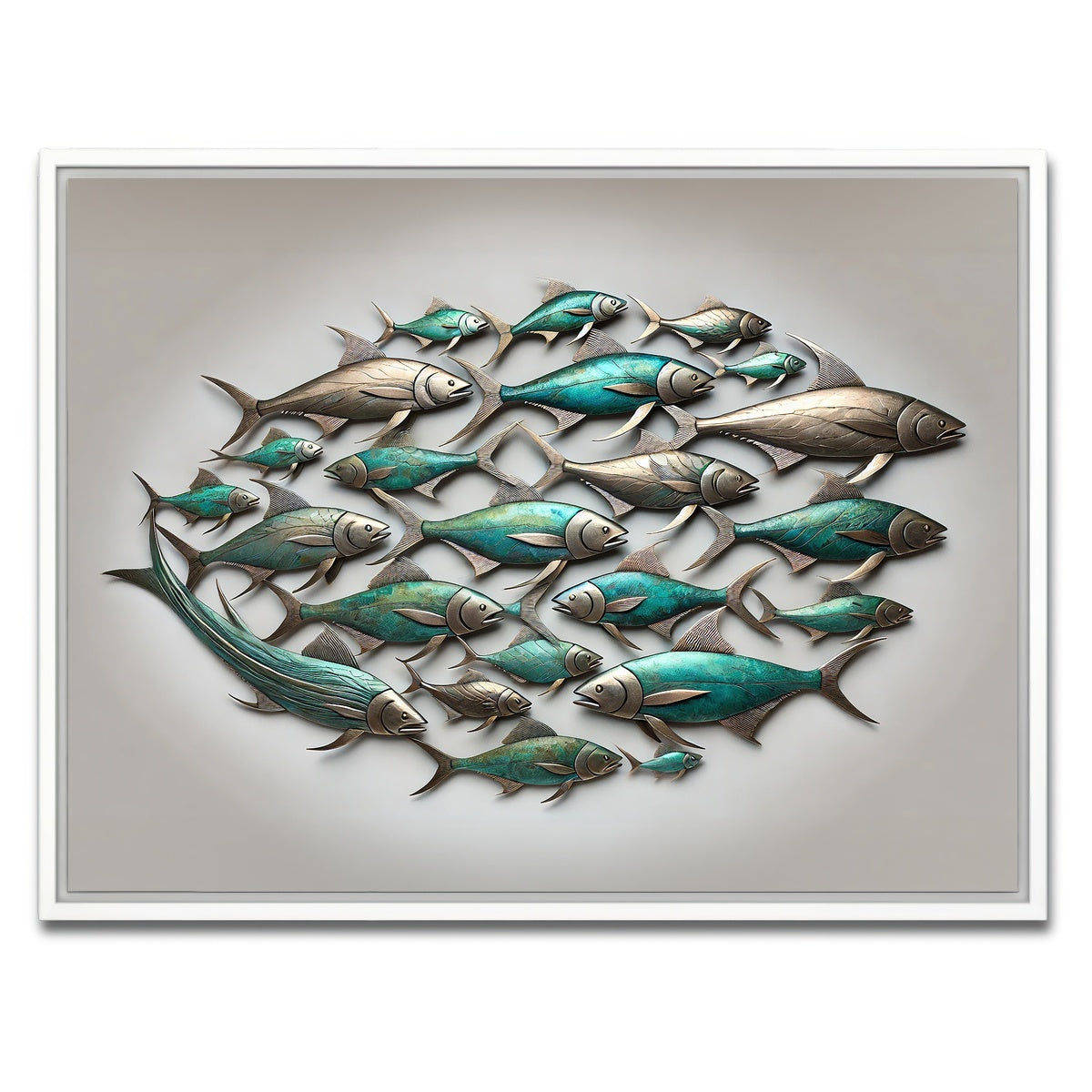 AUTO-MOCKUP WHITE | Metal artwork of group of fish | 1 Piece | White Framed Canvas | group=4x3