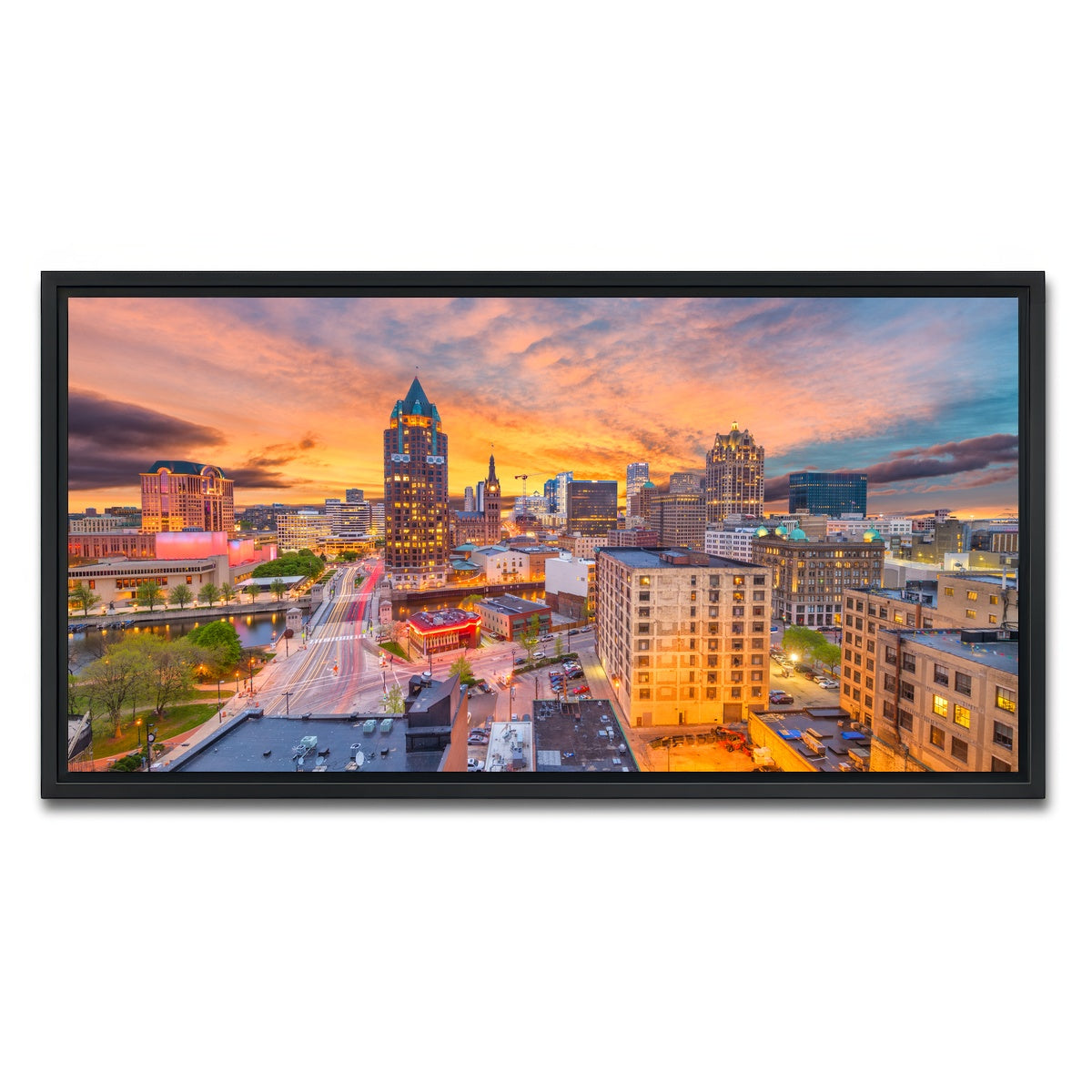 AUTO-MOCKUP WHITE | Milwaukee skyline at dusk | 1 Piece | Black Framed Canvas | group=2x1