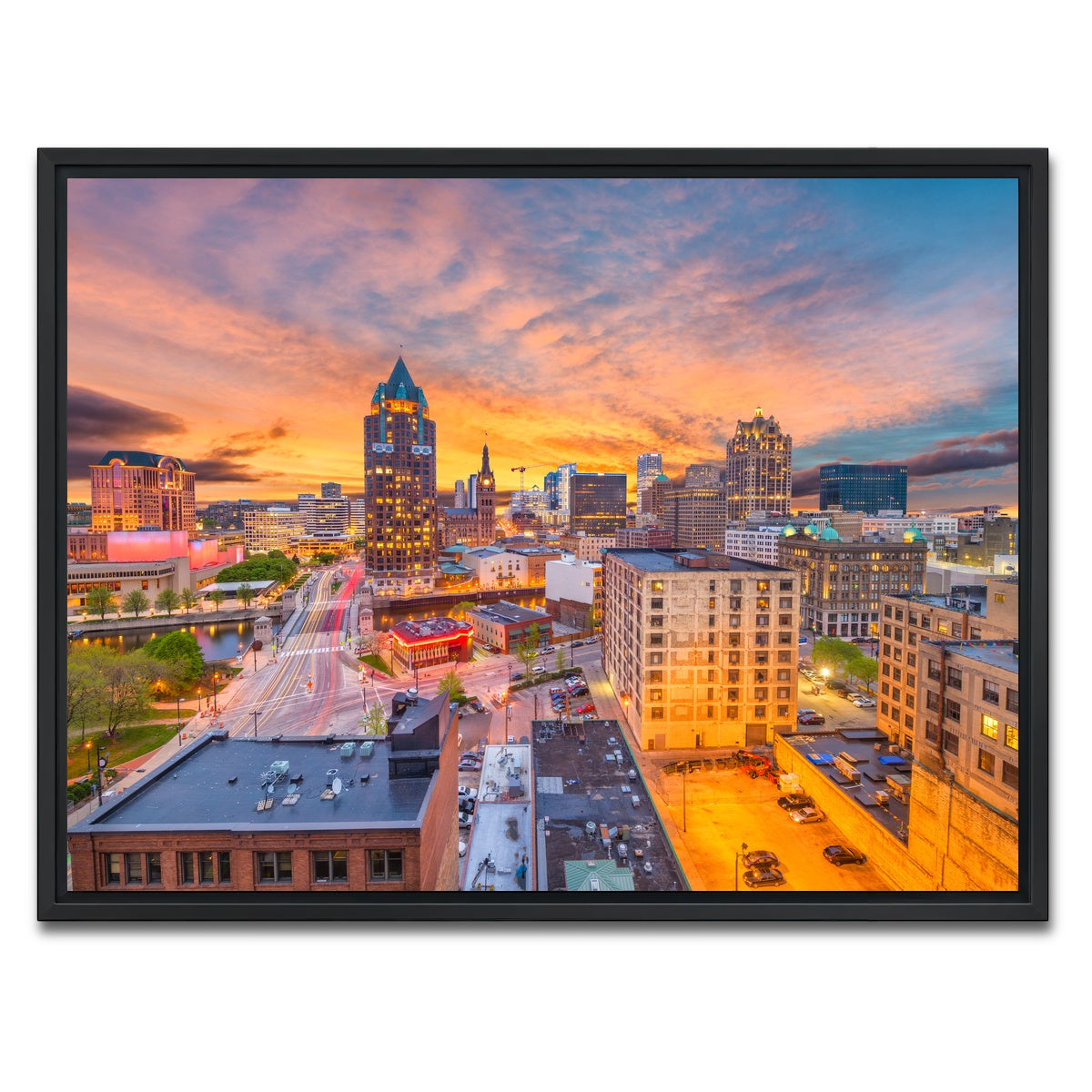 AUTO-MOCKUP WHITE | Milwaukee skyline at dusk | 1 Piece | Black Framed Canvas | group=4x3